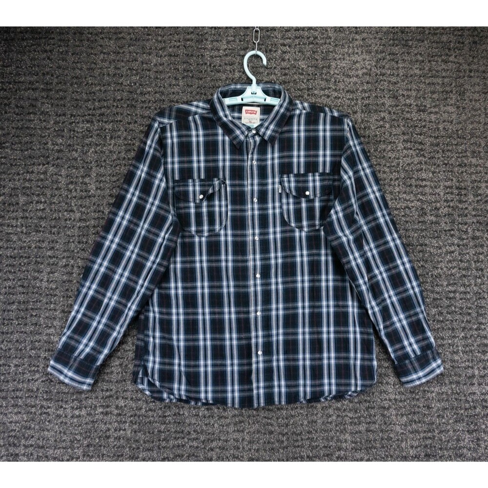 Levis Shirt Mens XL Blue Plaid Long Sleeve Modern Fit Pearl Snap Western Cowboy